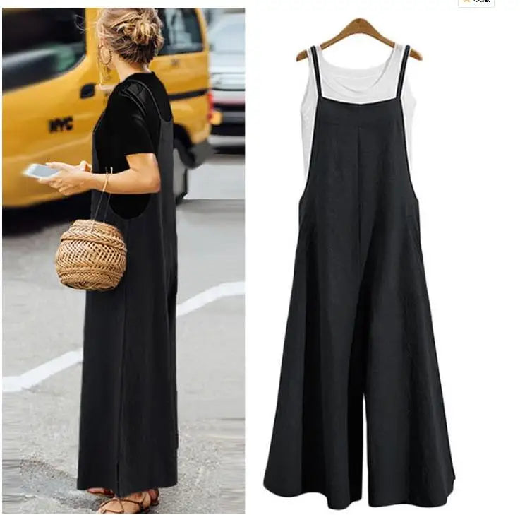 Women's Straps Jumpsuit Summer Solid Color Wide Leg Pants Dungaree Bib Overalls Casual Loose Sleeveless Cotton Linen Jumpsuits