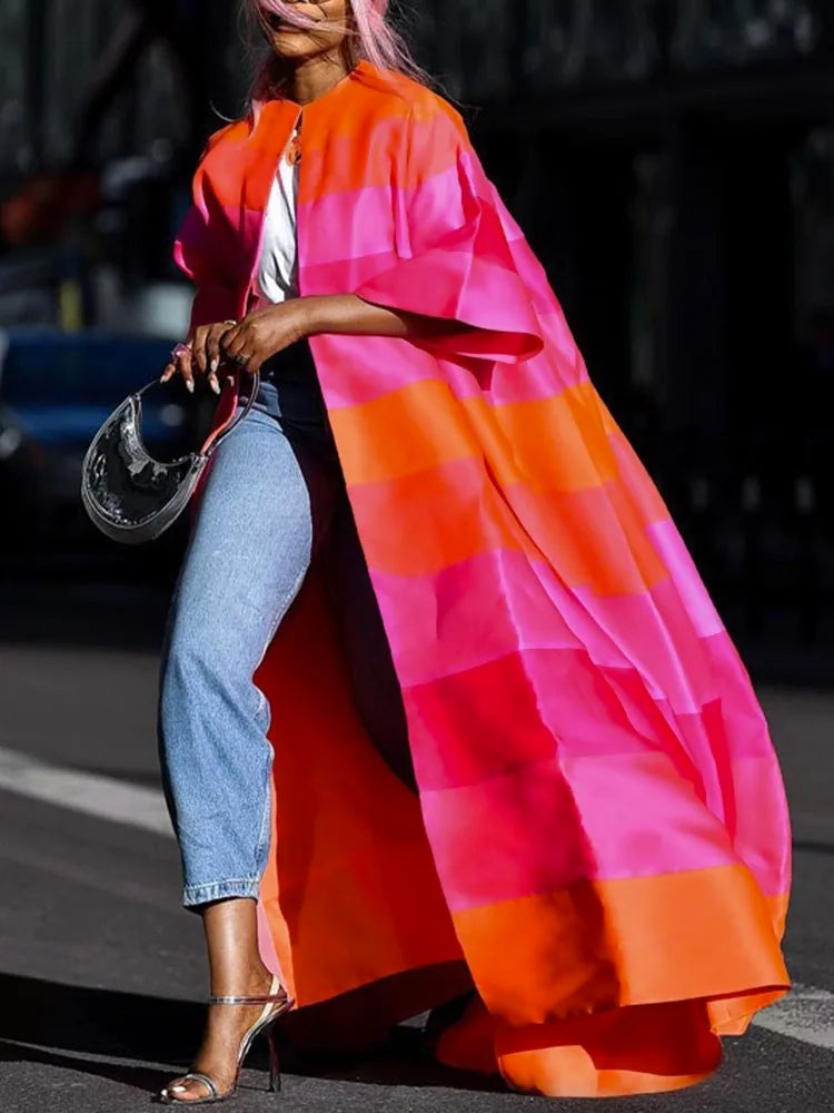 Women's Outerwear Trench Autumn New Fashion Loose Short Sleeves Contrast Striped Women's Long Jackets