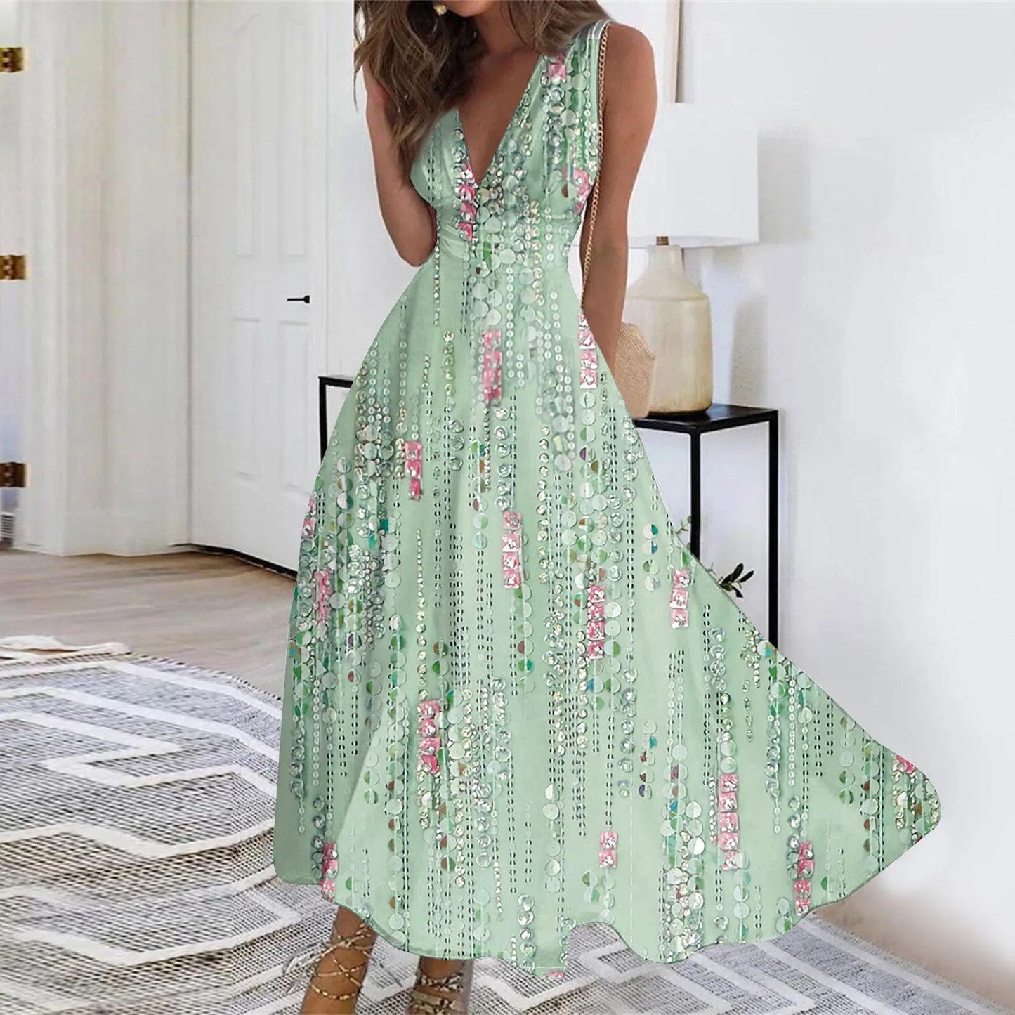 Elegant Maxi Long Dress Women Casual Bohemian Sleeveless Dresses Summer V-Neck Beach Sundress Swing Party Gowns