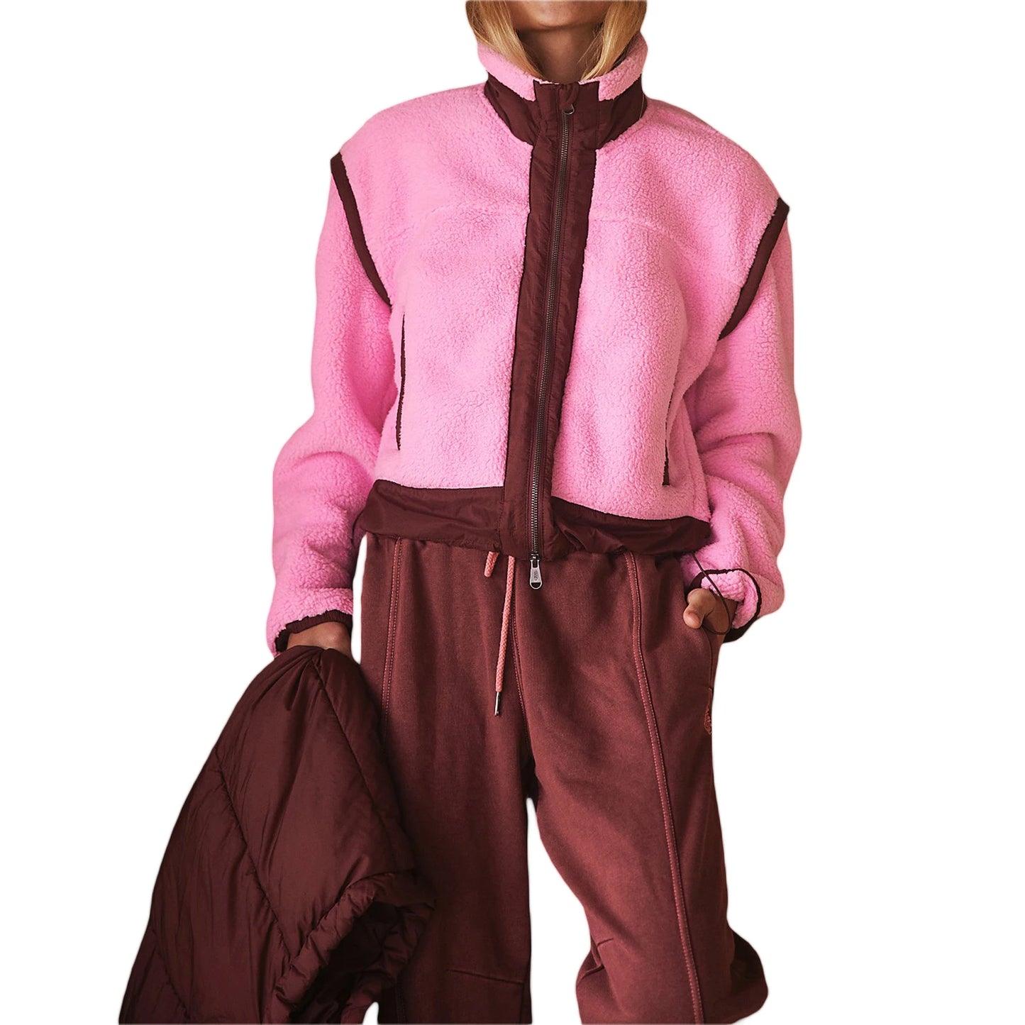 Quilted Puffer Jacket with Hood Long Sleeve Winter Warm Zip Up Coat Stand Collar Outdoor Parka Coat