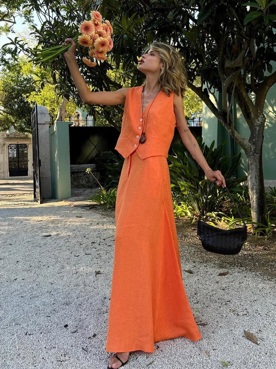 Women's Chic Vest Long Skirt 2-Piece Set Summer Sleeveless Top Fashionable Office Ladies Loose Dress Outfits