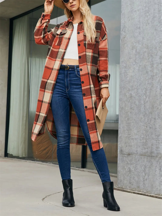 Plus Size Plaid Lapel Neck Long Sleeve Button Down Casual Streetwear Winter Jacket