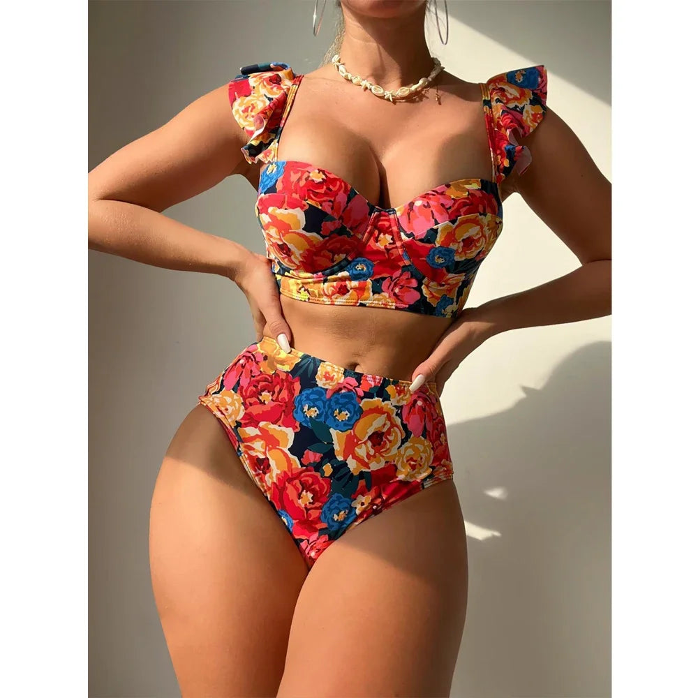 Floral Print Swimsuit Women 2 Piece Ruffle Bikini  Underwire Push Up Bathing Suit High Waist Swimwear