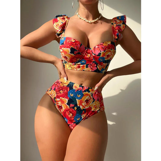 Floral Print Swimsuit Women 2 Piece Ruffle Bikini  Underwire Push Up Bathing Suit High Waist Swimwear