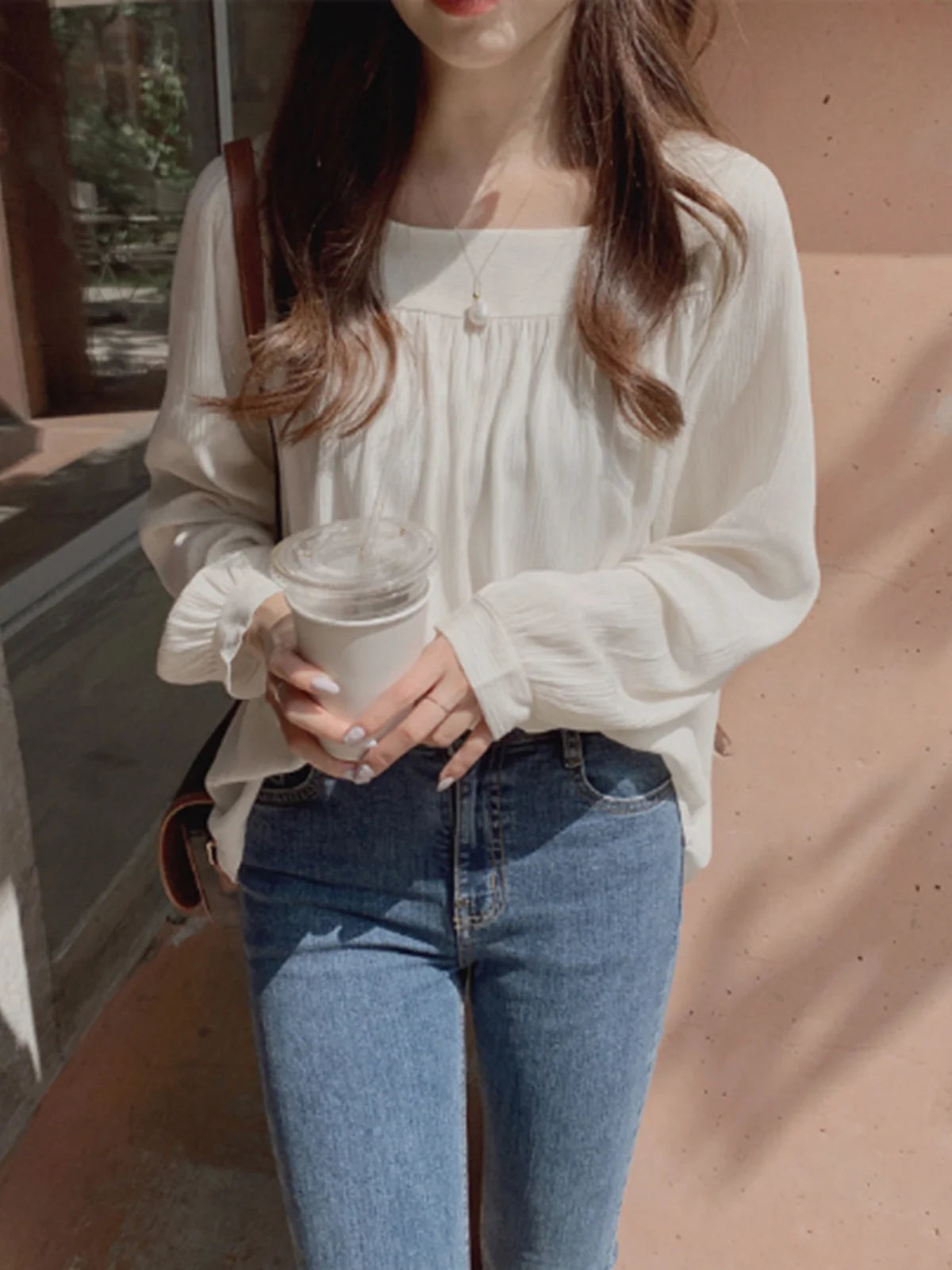 Sweet Youthful Square Collar Long Sleeve Women's Elegance Clavicle White Chiffon Top