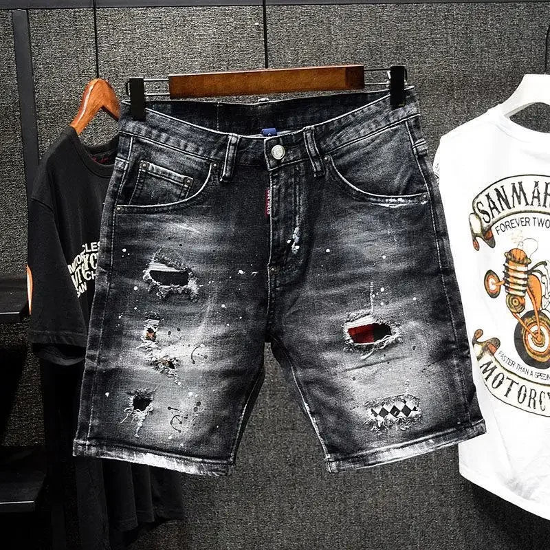 Luxury Brand Designer Clothes  Casual Denim Knee-Length Shorts  Fashion Black Patches Paint Jeans Shorts