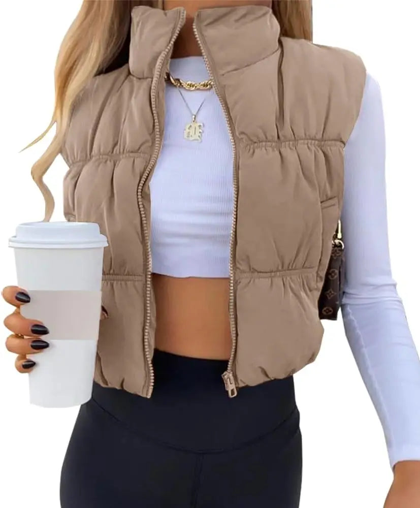 Sleeveless Cardigan  Solid Color Stand Collar Vest Short Jacket Zip Up Lightweight Waistcoat