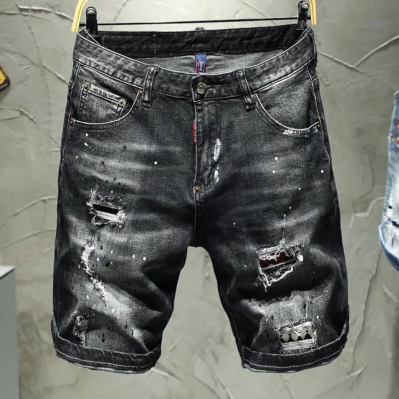 European and American cropped pants, denim shorts, cotton stretch, black gray, perforated high-end shorts