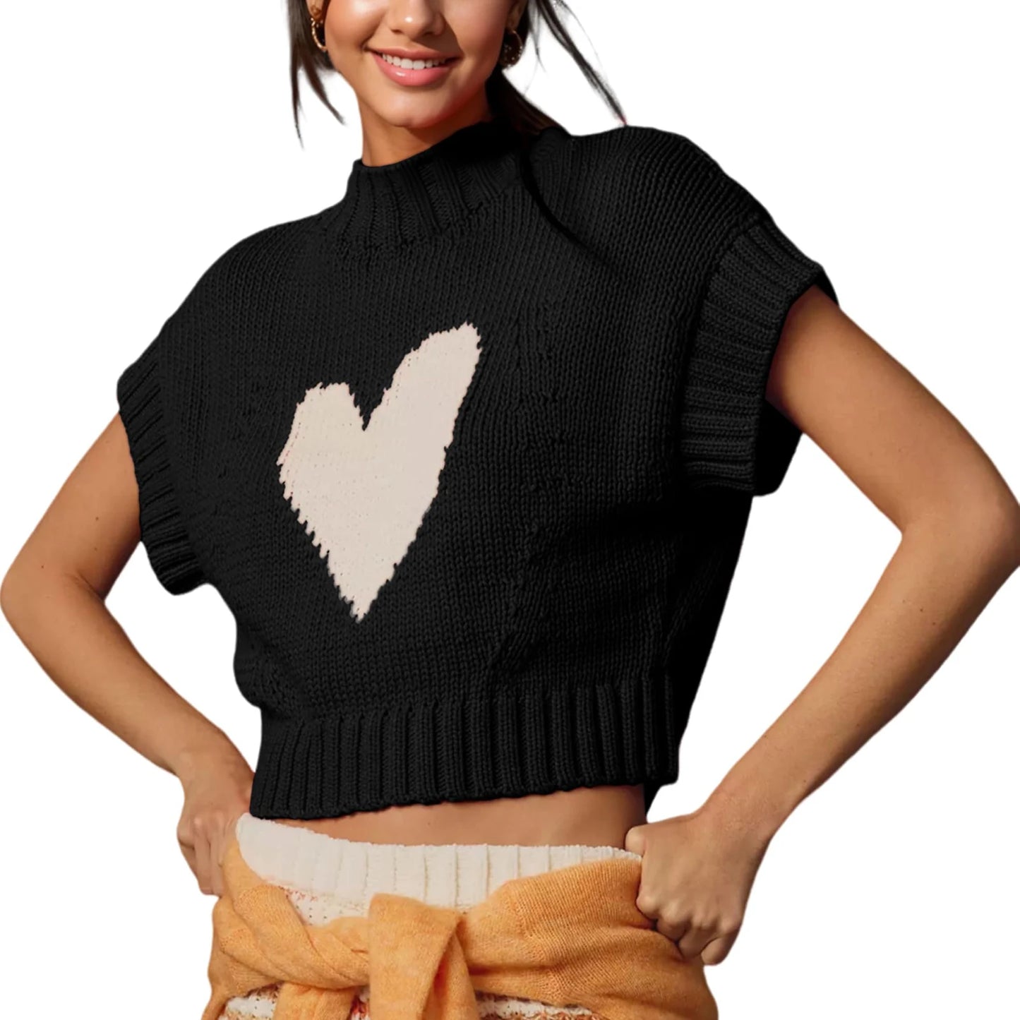 Women s Sleeveless Sweater Vest Heart Patterned O-Neck Knit Top Chic Street Style for Work or Weekend Outings