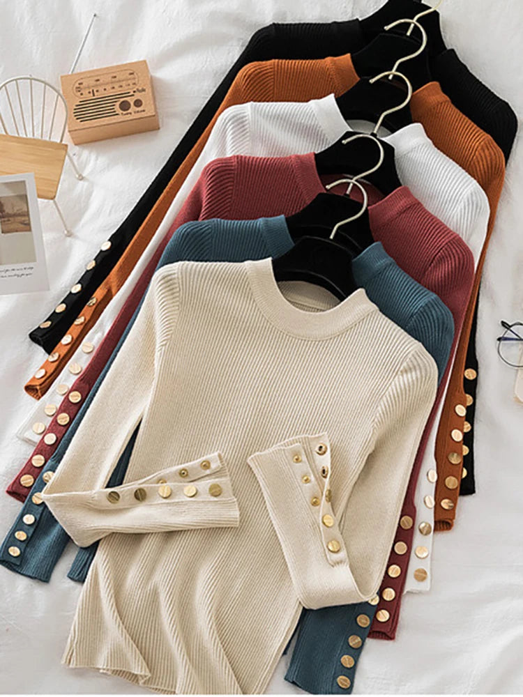 Women's thick sweater pullovers casual button o-neck chic sweater female knit top soft jumper tops