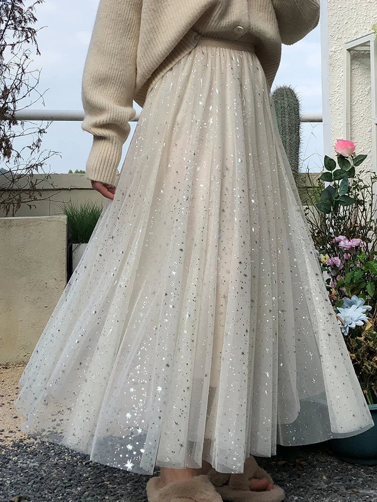 Sequin Star Gauze Skirt High Elastic Waist