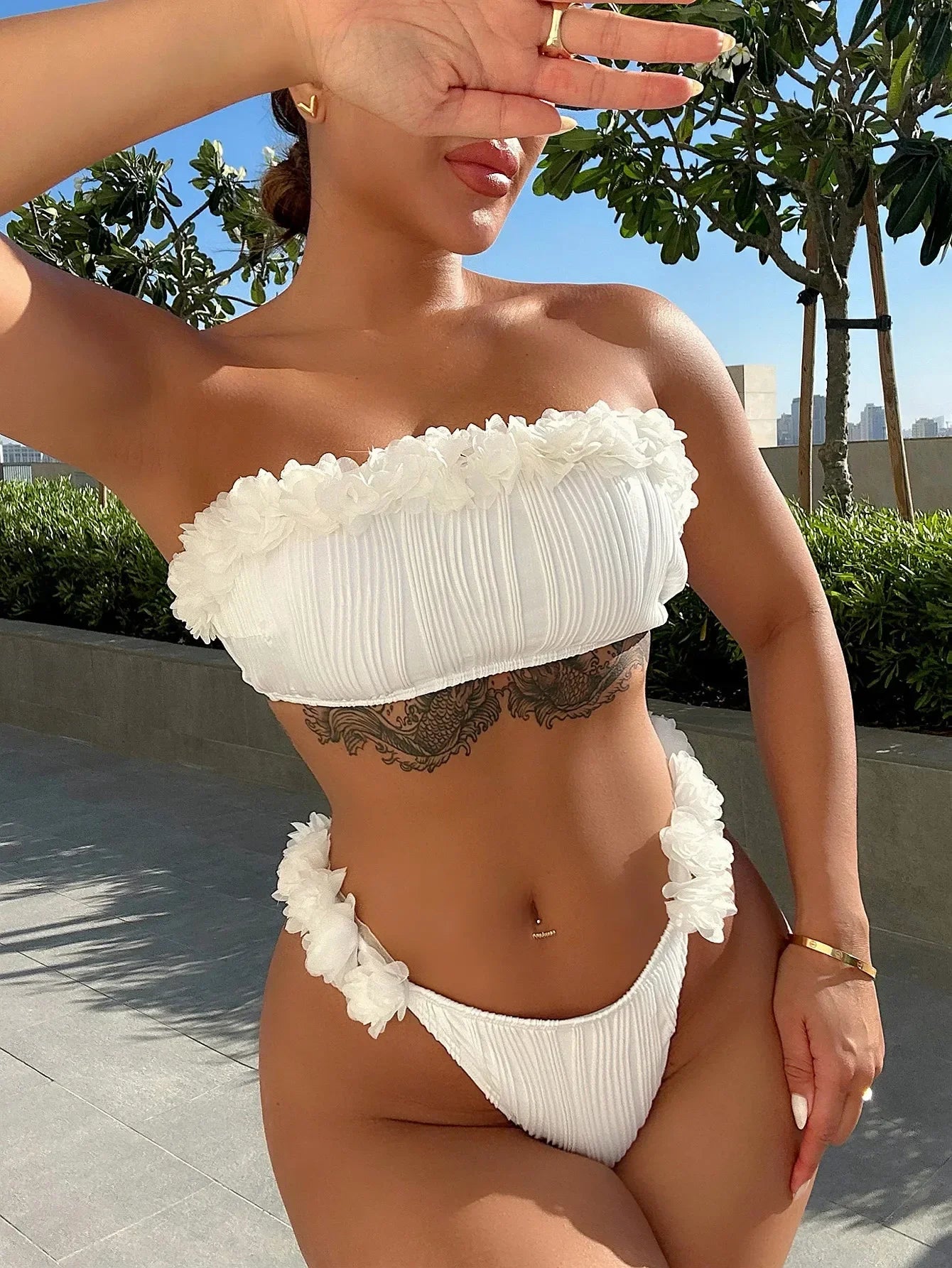 Lace Ruffle Swimsuit Women  Strapless Backless Bikini Set White High Waist Swimwear
