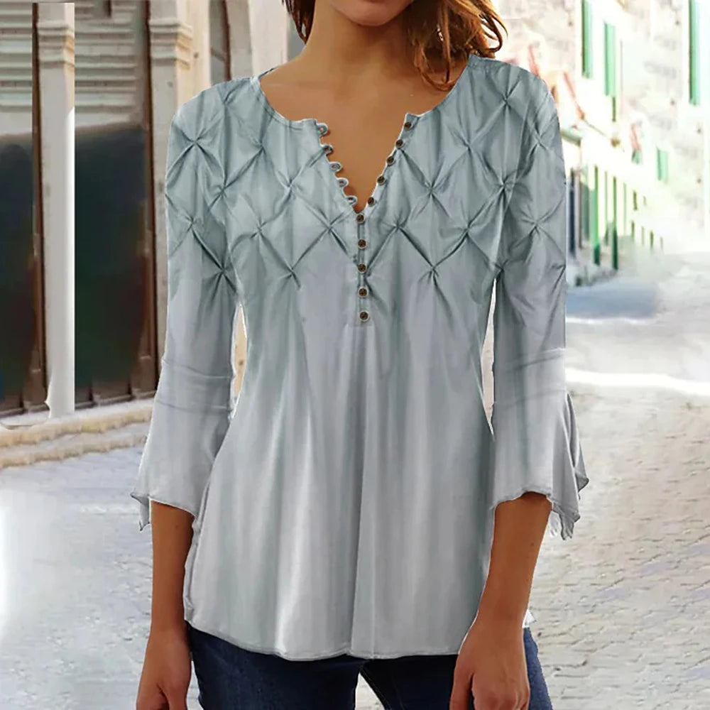 Women's V-Neck Short Sleeve Summer Button T-Shirt Street Trend Flower Geometric Print Women's Loose Casual V-Neck