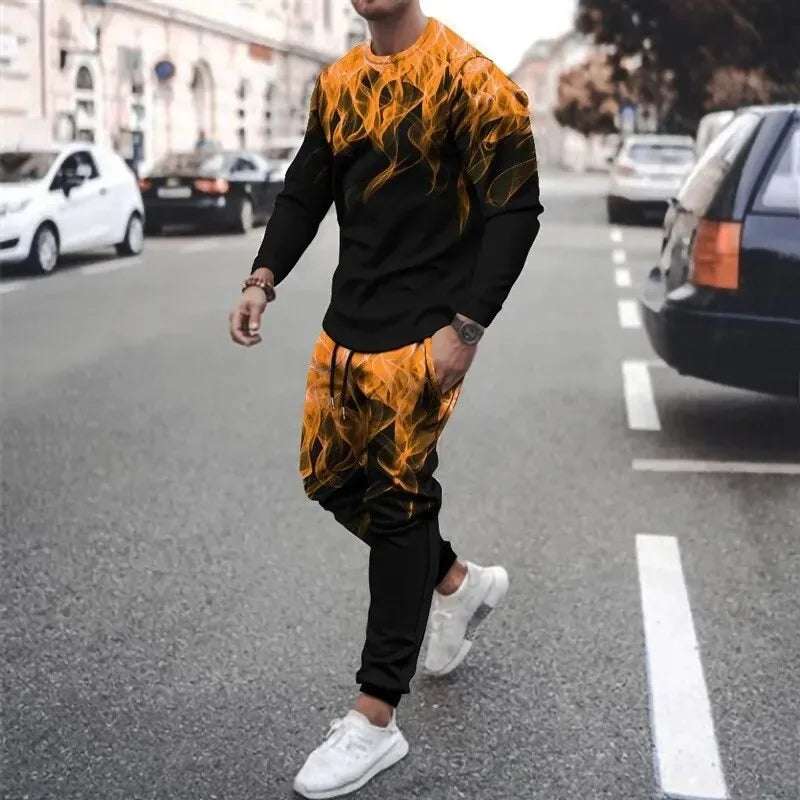 Men's 3D printed sweatshirt set Colorful Flame cap sweatshirt Sweatshirt sweatpants crew neck sportswear
