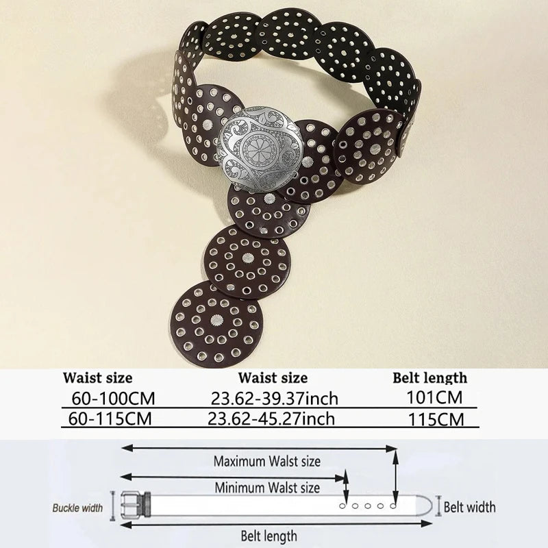 Women's Western Denim Belt High Quality Metal Hollow Ladies Trend Wide Waistband Vintage Personalized Round Belts