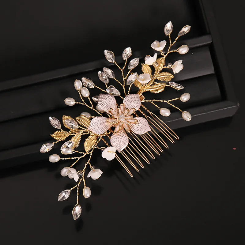 Pearl Flower Hairpin Side Comb Golden Leaf Shaped Alloy  Insert Jewelry Comb Hair Jewelry Bride Headwear