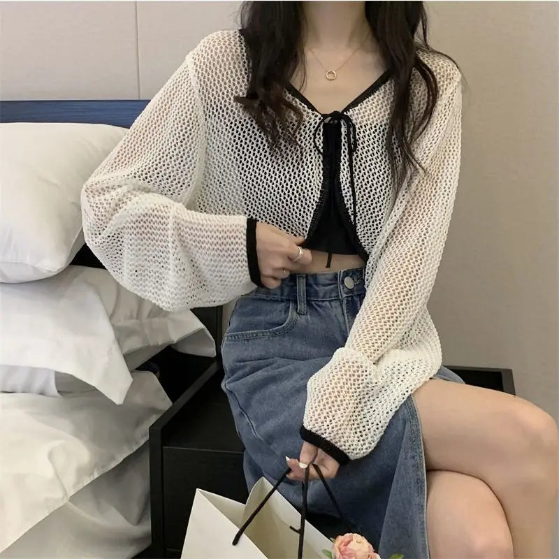 Sun Dried Knitted Cardigan for Women's Spring Thin Design Short Hollow Lace Up Long Sleeved Top