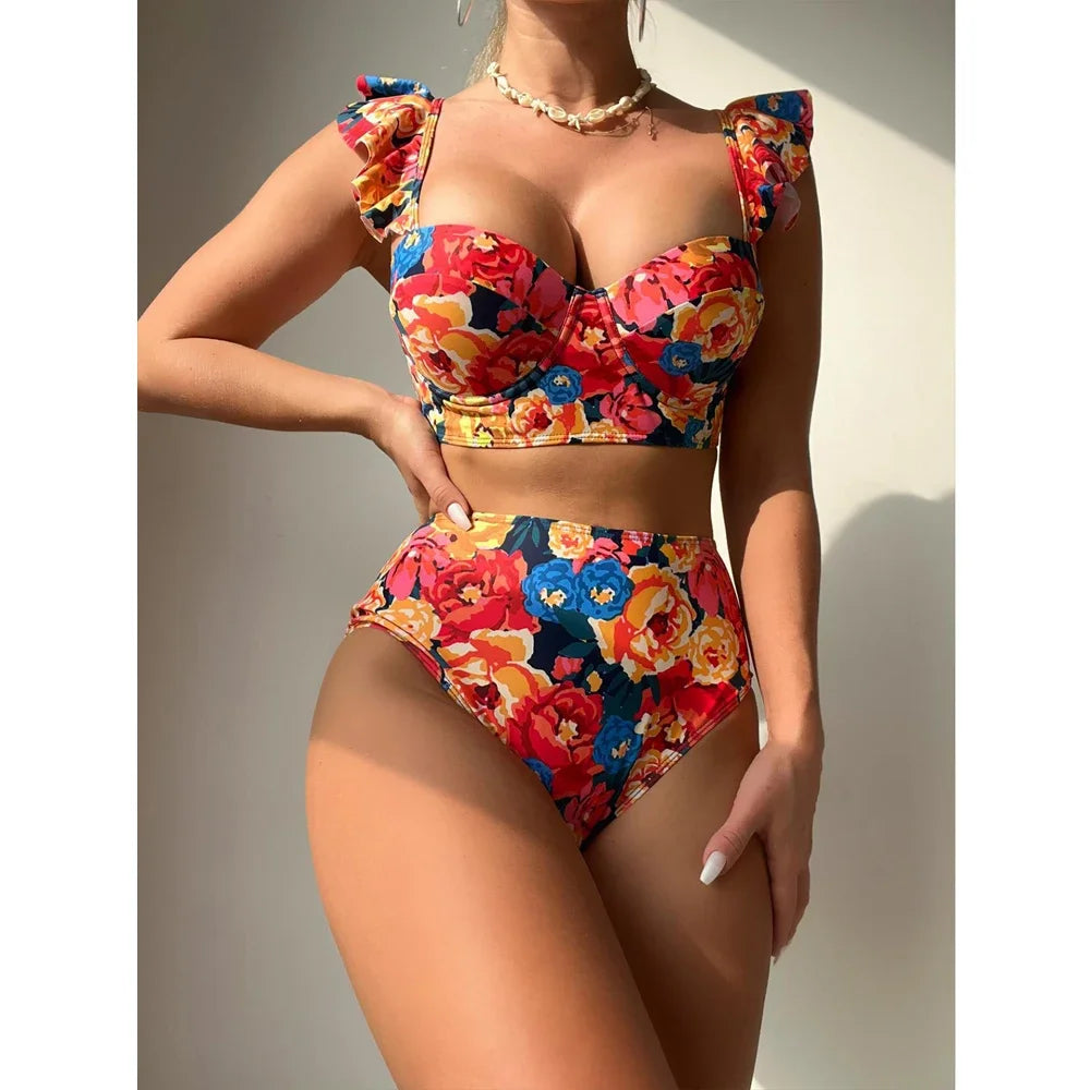 Floral Print Swimsuit Women 2 Piece Ruffle Bikini  Underwire Push Up Bathing Suit High Waist Swimwear