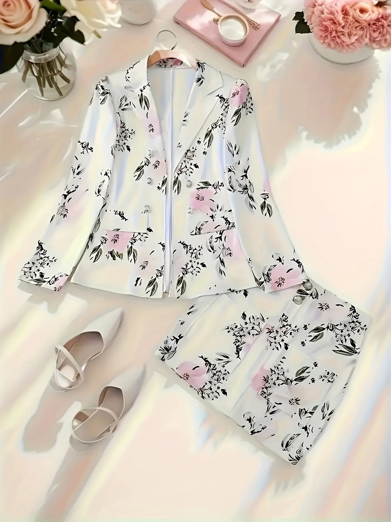 Women's Thousand Bird Casual Two-Piece Suit Set, Long Sleeved Flip Top Double Breasted Suit Jacket and Mini Hip Hugging Skirt
