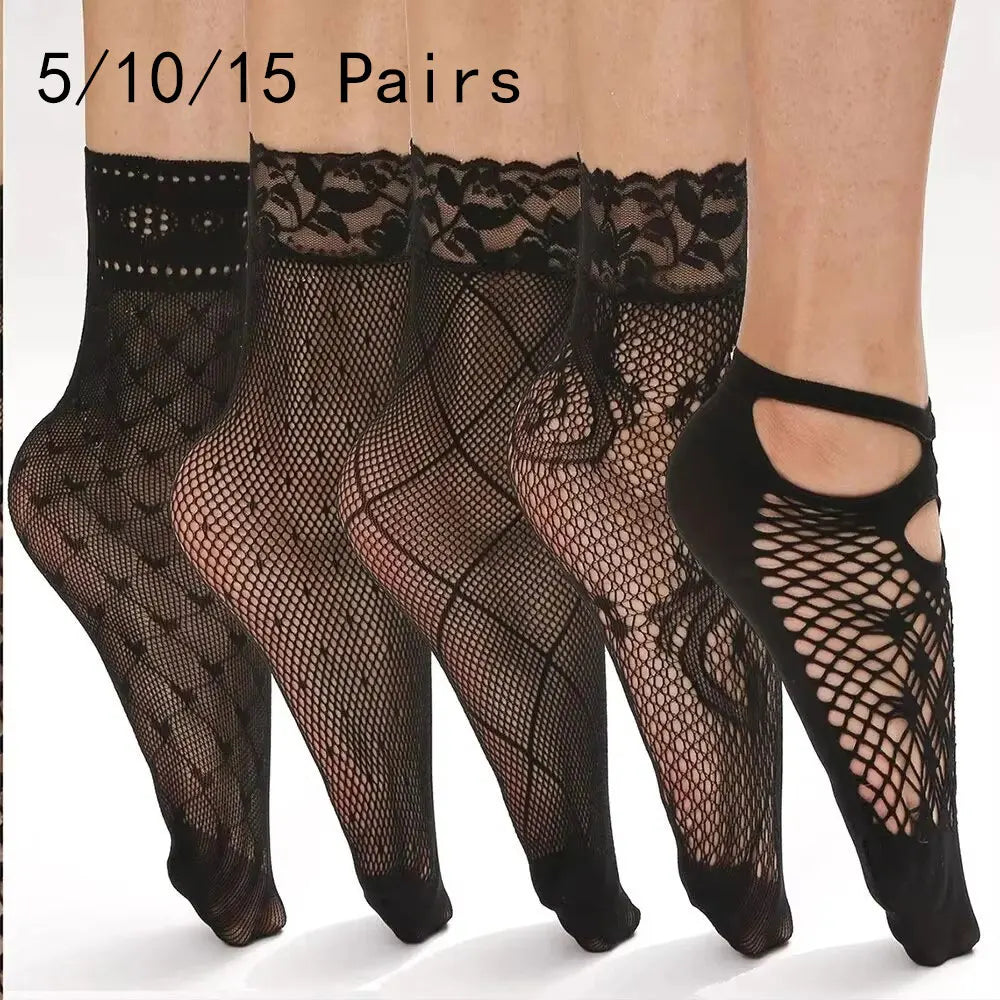 5/10/20 Pairs Vintage Lace Women's Socks Summer Mesh Elastic Transparent Ankle Socks  Women Versatile Fish Net Black Sock