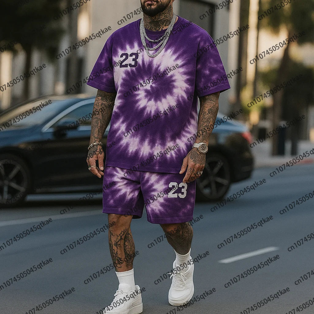 Fashion Tie Dye Basketball No.23 Print Oversized Streetwear Short-Sleeve T-shirt And Shorts Set Summer Breathable Casual 2 Piece