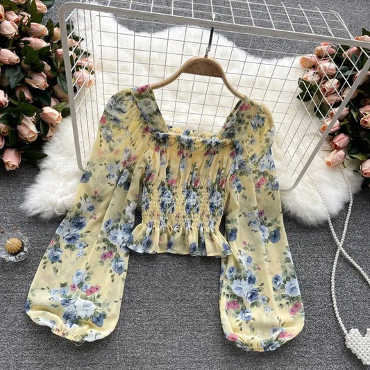 Elegant Floral Printed Chiffon Square Collar Slim  Lantern Sleeve Blouse