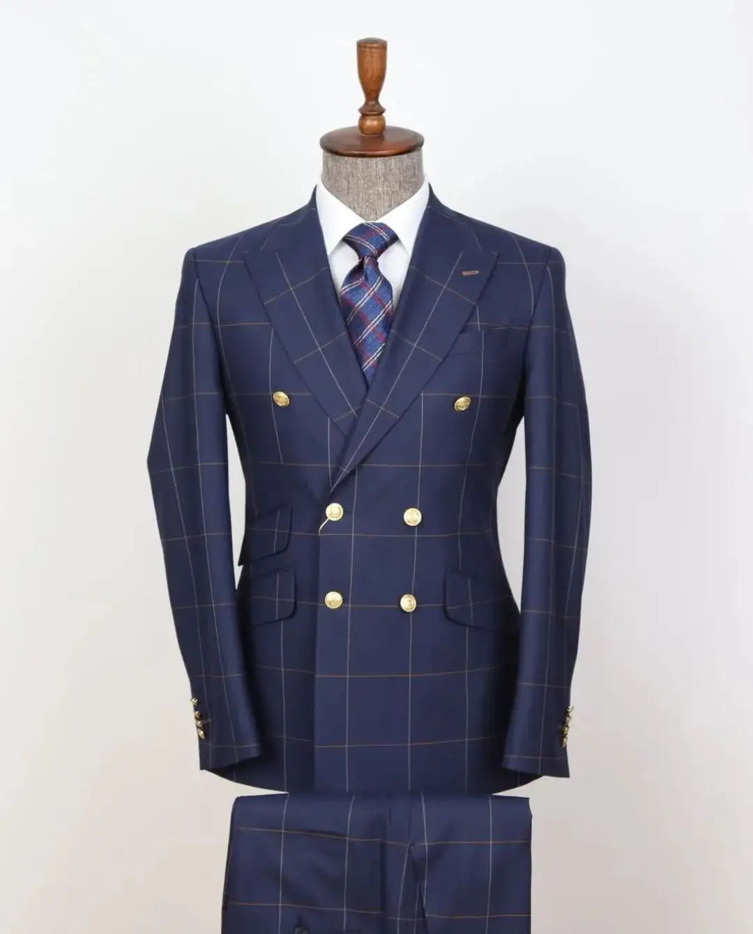 Gentlemen's Suit Tailor-Made 2 Pieces Plaid Gold Buttons Blazer Pants Double Breasted Wedding Groom Prom Tailored