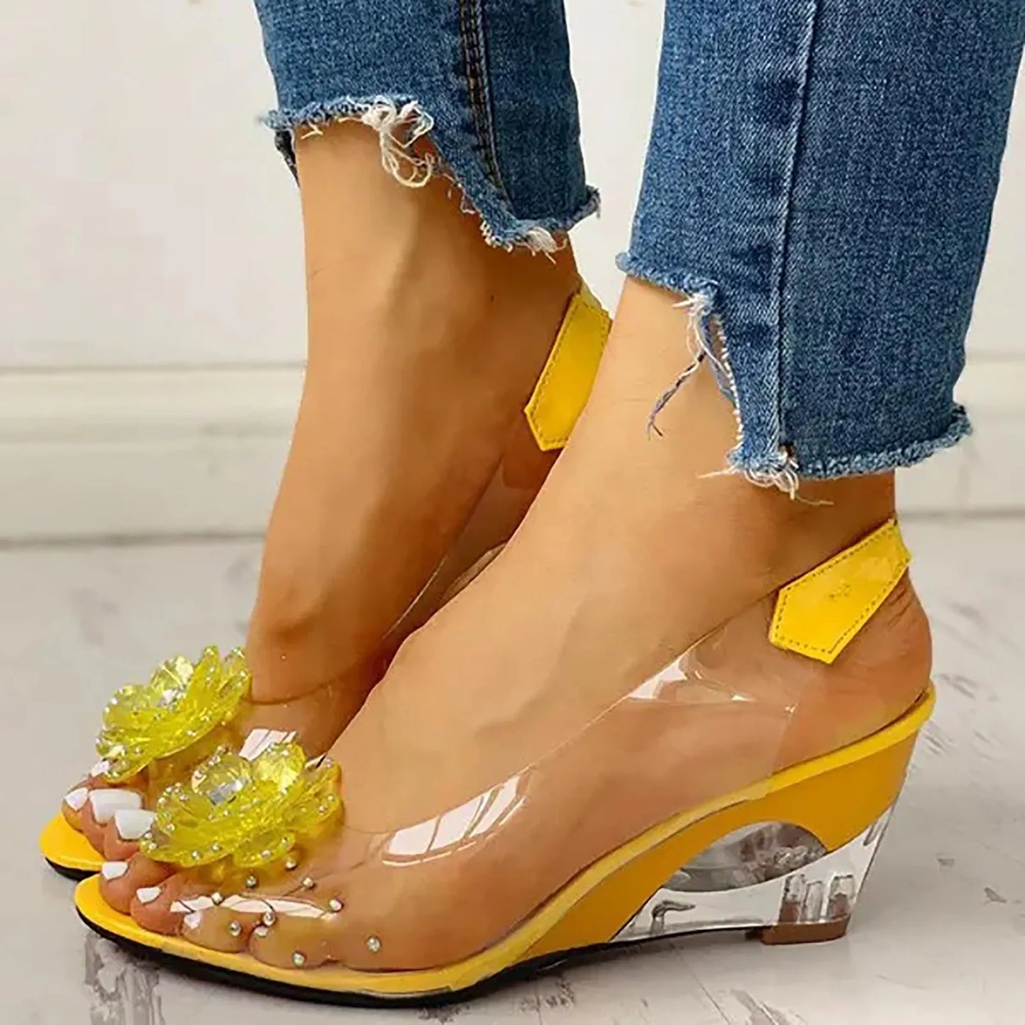 Female Shoes Leisure Transparent Crystal High Heels Diamond Slope Heel Sandals Fish Mouth Shoes Women's Dressy Sandals