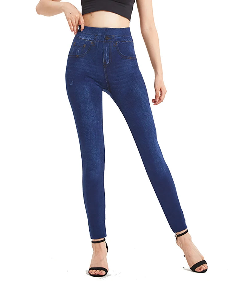 Stretchy Solid Color Plus Size Jeggings Fashion False Jeans Women's Tight Seamless Pocket Leggings Soft Pencil Pants
