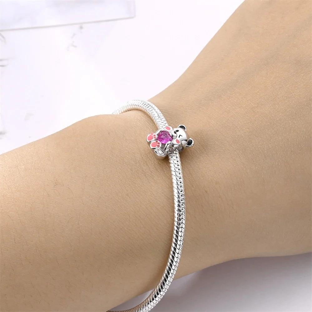 925 Sterling Silver Cartoon Cute Baby Bear Heart Shaped Beads Fit Pandora Original Bracelet