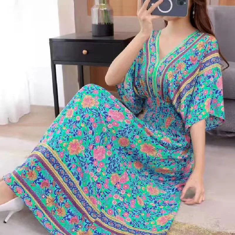 Colorful Flower V-neck Elastic Youthful Bohemian Sweet Midi Dress Woman Clothes Chic Fashion Summer Dresses