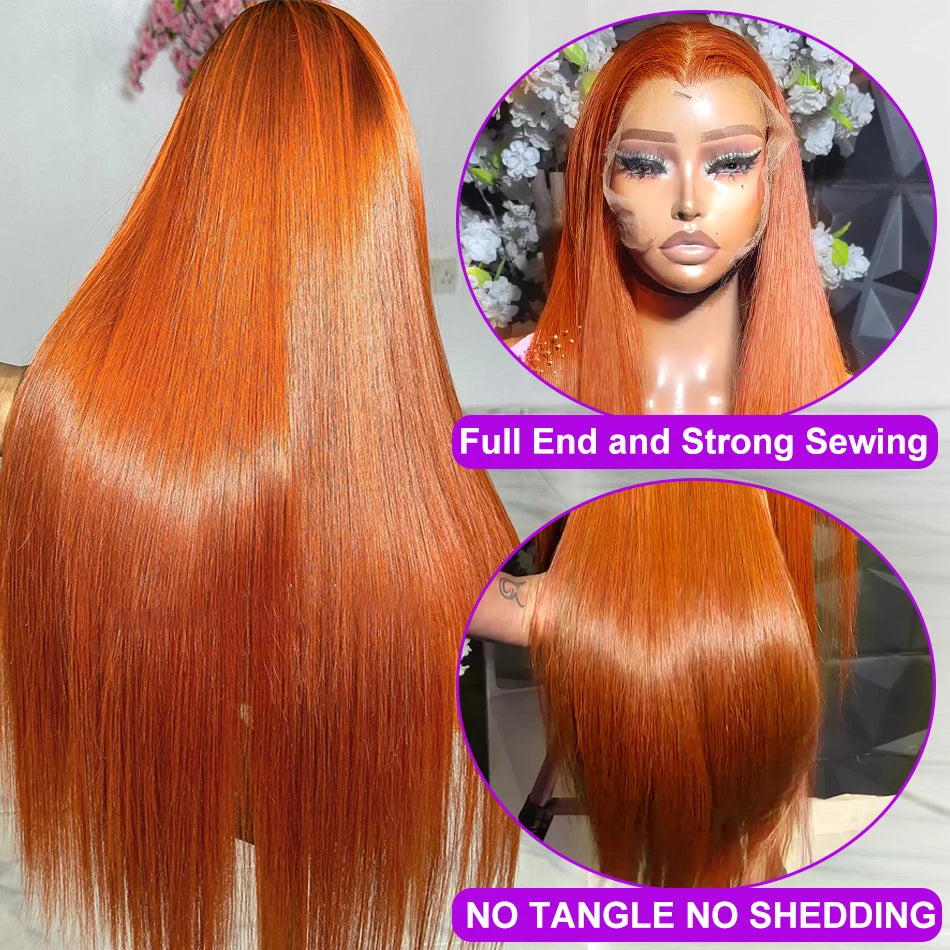 40 Inches Straight Ginger Orange Human Hair Wig Lace Front 13x6 13x4 HD Frontal Colored Wigs