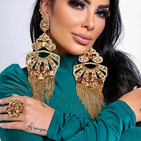 Yellow Exaggerated Tassel Earrings  Metal Piercing Club Bling Ear Accessories