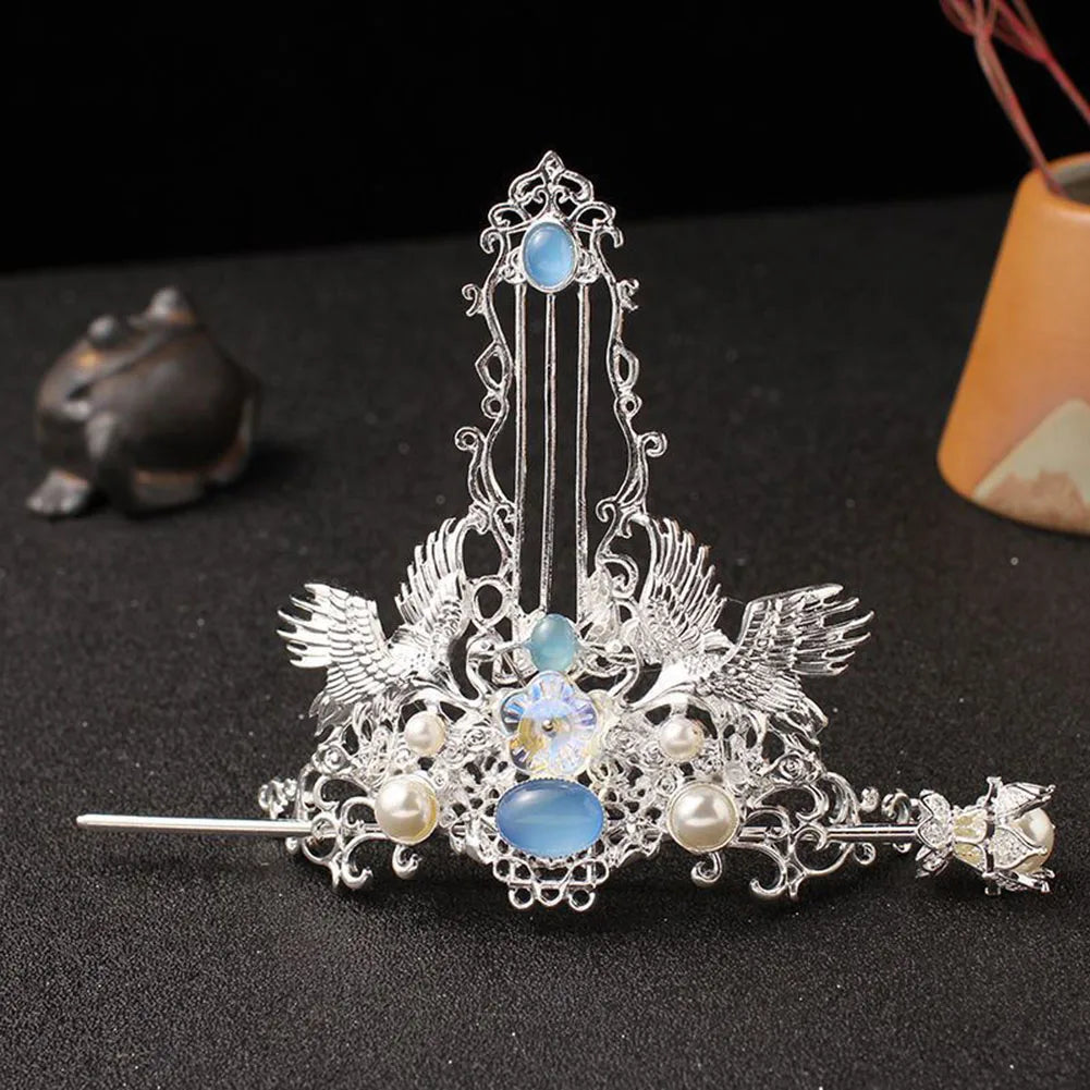 Retro Chinese Hair Crown Golden Alloy Tiaras and Crowns Pearl Headbands with Hair Sticks Vintage Hair Jewelry for Men Women