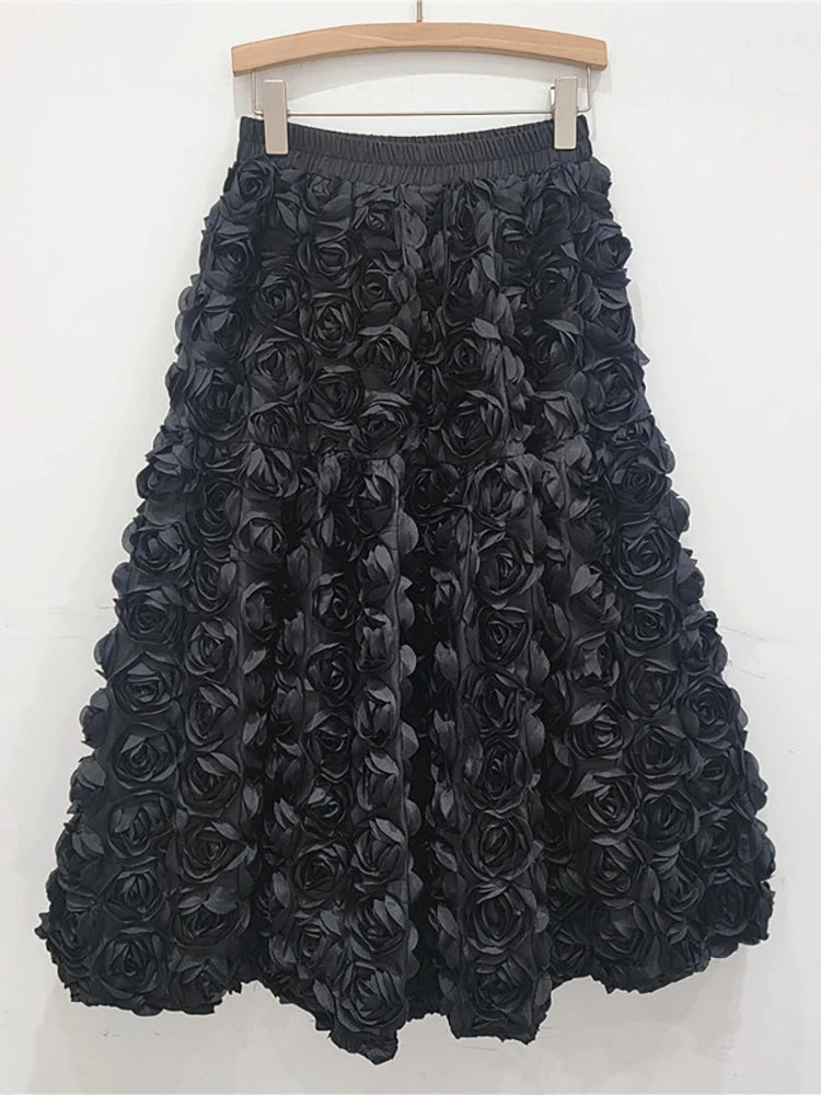 A-line 3d Rose Flowers Design Pleated  Long Skirt