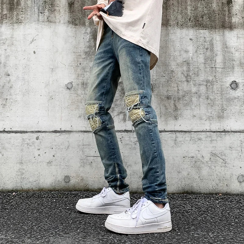 American Vibe style high street tide side zipper straight jeans men's and women's European and American hip hop slim-fitting trousers