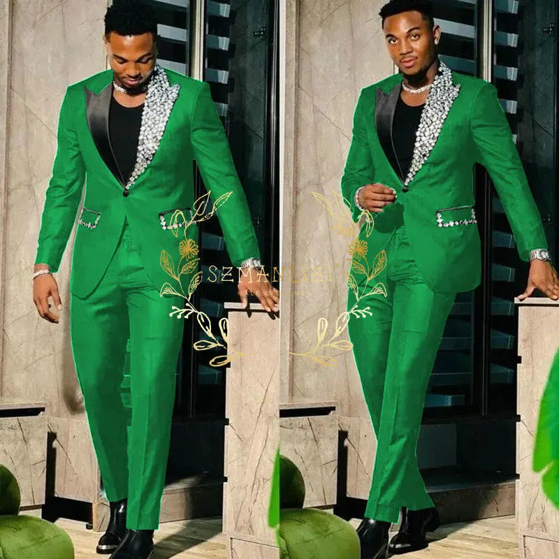 Suits for Men Slim Fit Single Breasted Peak Lapel Blazer High Quality Crystal Prom Party 2 Piece Jacket Pants Sets Terno