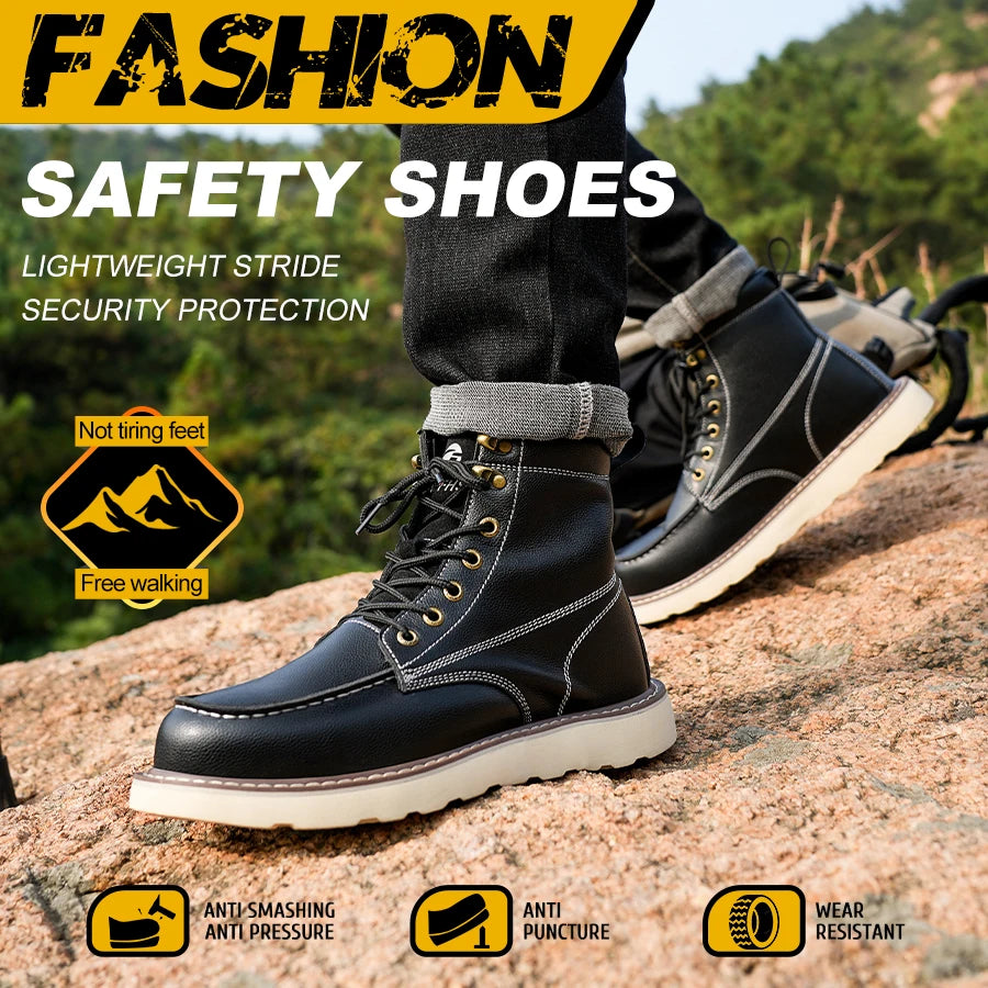 Two layer cowhide men's anti-smash anti-puncture high top work safety shoes