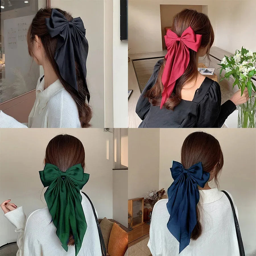Hair Clips for Women  Big Bowknot Solid Satin Long Ribbon Bows Spring Clamp Barrette