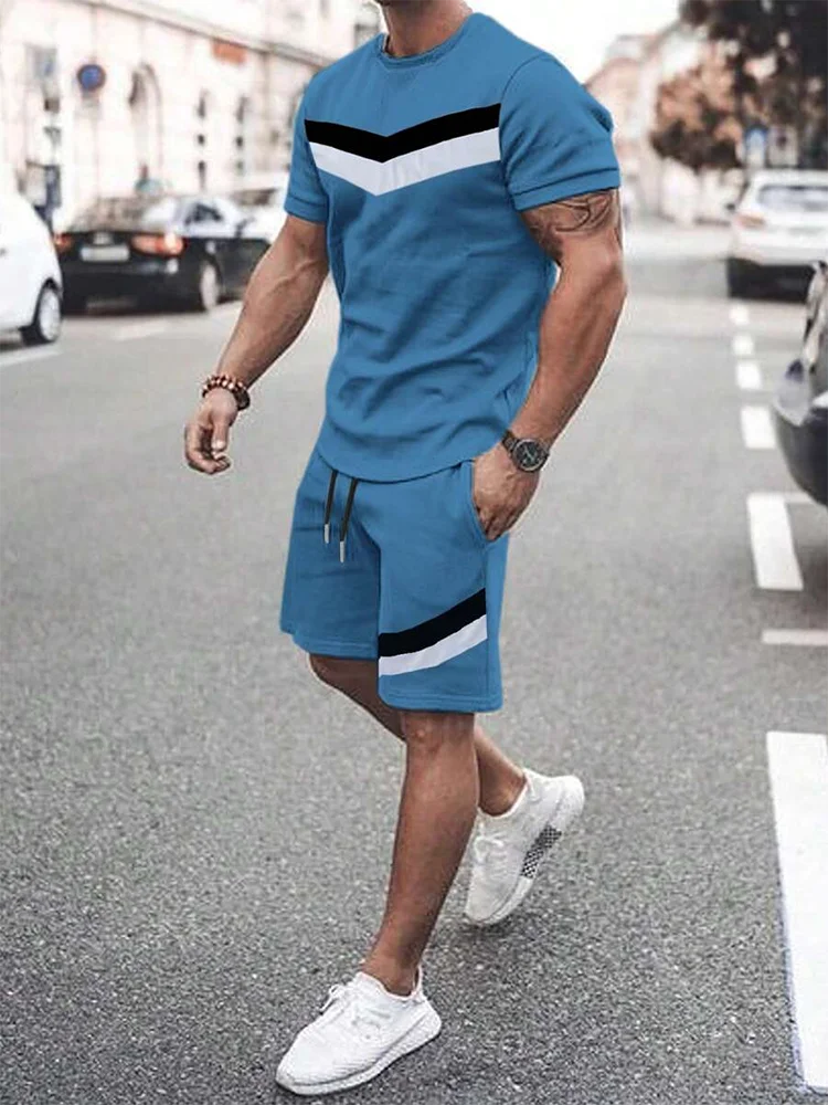 Two Piece Suit Men's Casual Pattern Printed Short Sleeve T-shirt and Sports Shorts Set Sports Set Fitness