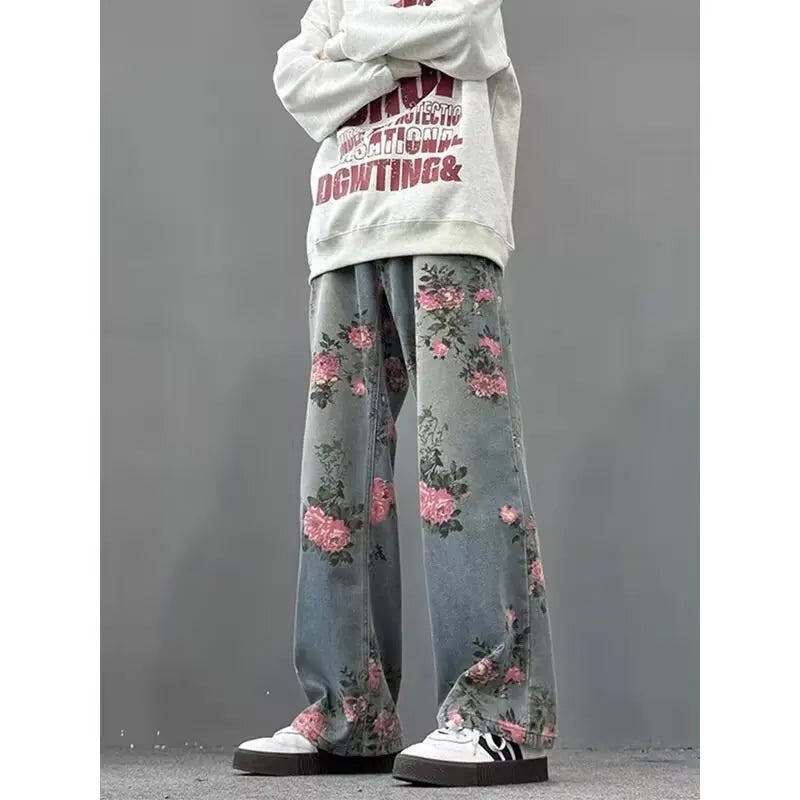DM Street hip-hop men and women trendy straight leg personalized rose blossom jeans American couple loose retro casual pants