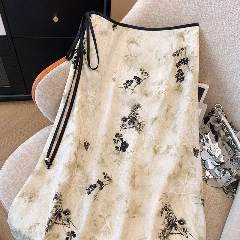 High Waist Zipper Loose Chinese Style Drawstring A-Line  Skirt