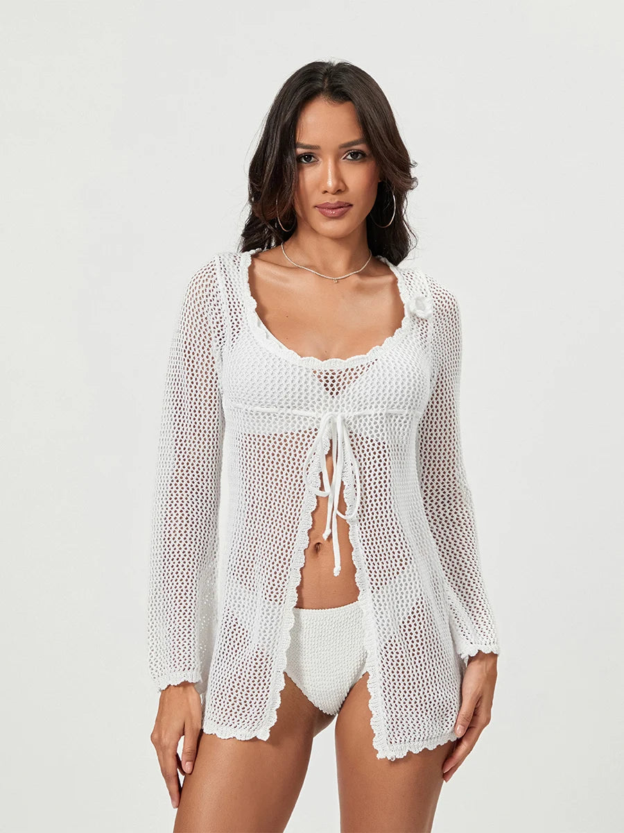 Women s Beachwear Cover Up Hollow Out Crochet Long Sleeve Tie-Up Swimsuit Coverup Solid Color Bathing Suit Cover Ups Summer