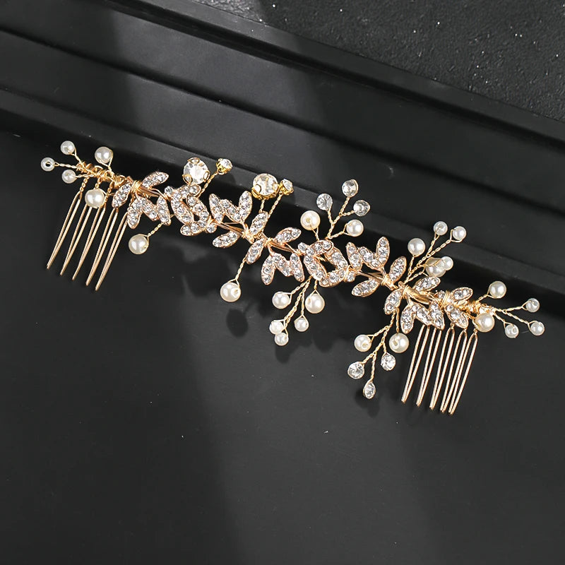 Pearl Leaf Crystal Hair Comb Hairpin Headband Tiara For Women Bride Queen Party Wedding Bridal Hair Accessories Jewelry