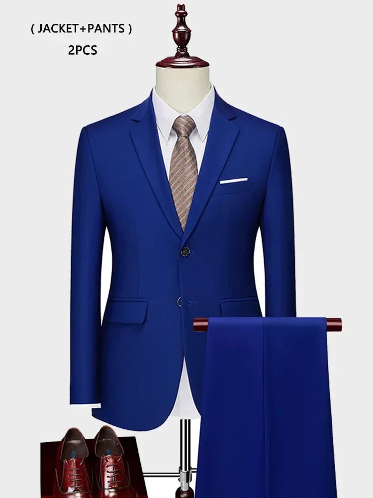 ( Jacket +Vest+ Pants ) Luxury Men's High-end Brand Solid Color Business Office Suit 3Pcs & 2Pcs Groom Wedding Party Suit Tuxedo