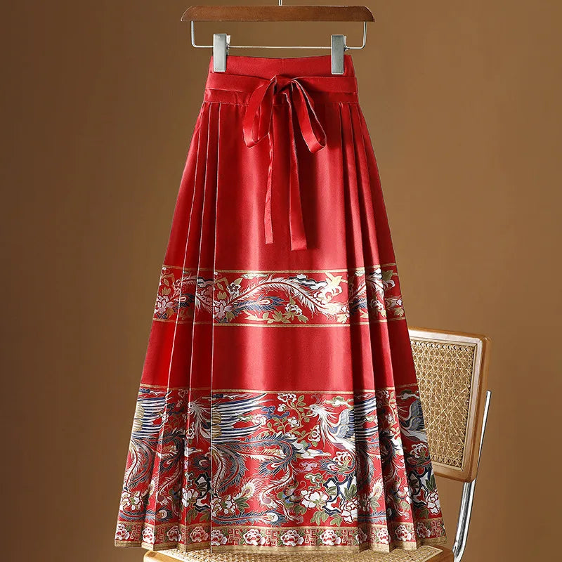 Vintage Maxi Chinese Style Horse Face Skirts  Pleated