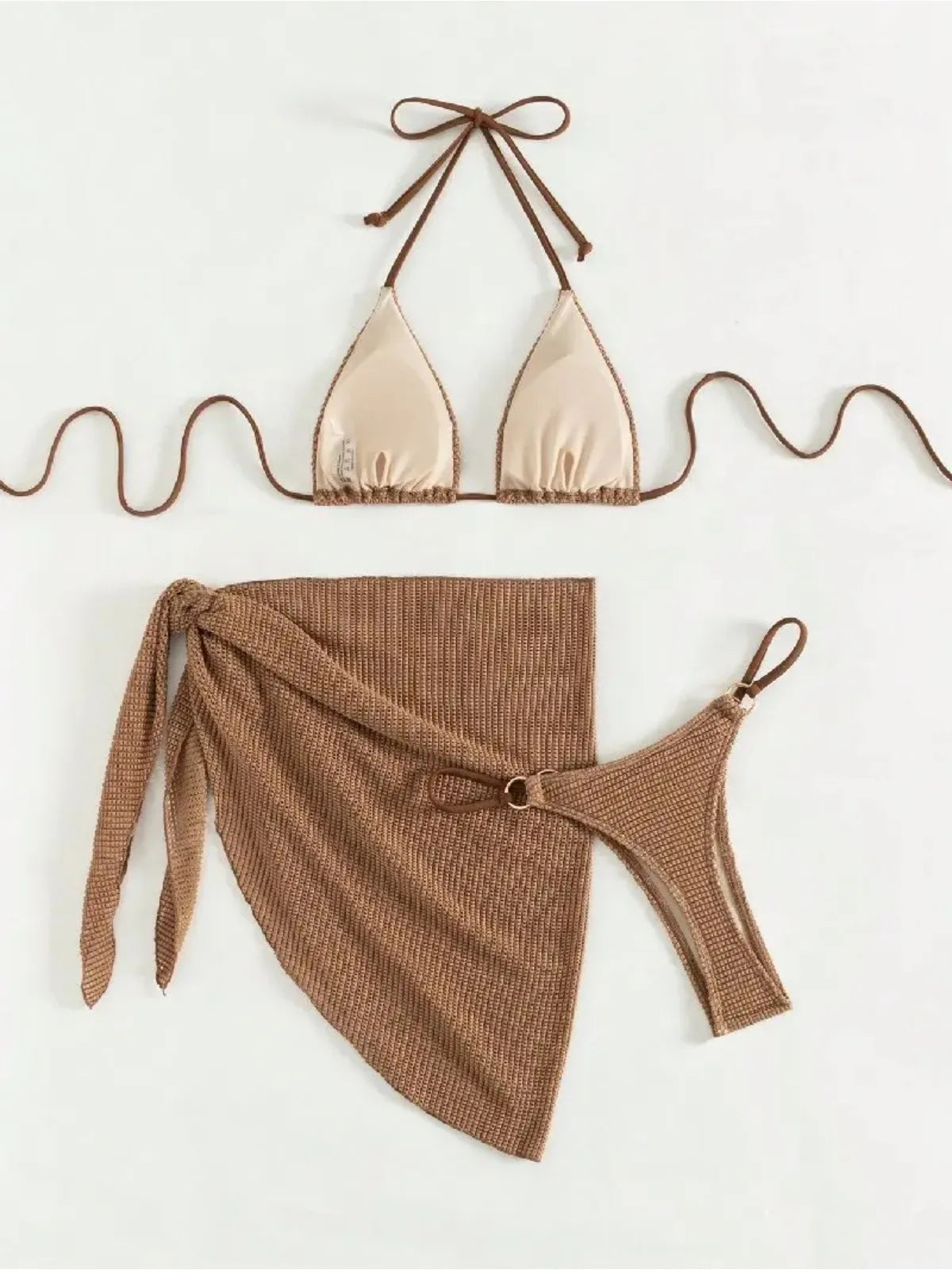 Brown Bikini Set Women Halter Push Up Bra Skirt 3 Piece Swimsuit Summer Bathing Suit Cover Up Thong Swimwear
