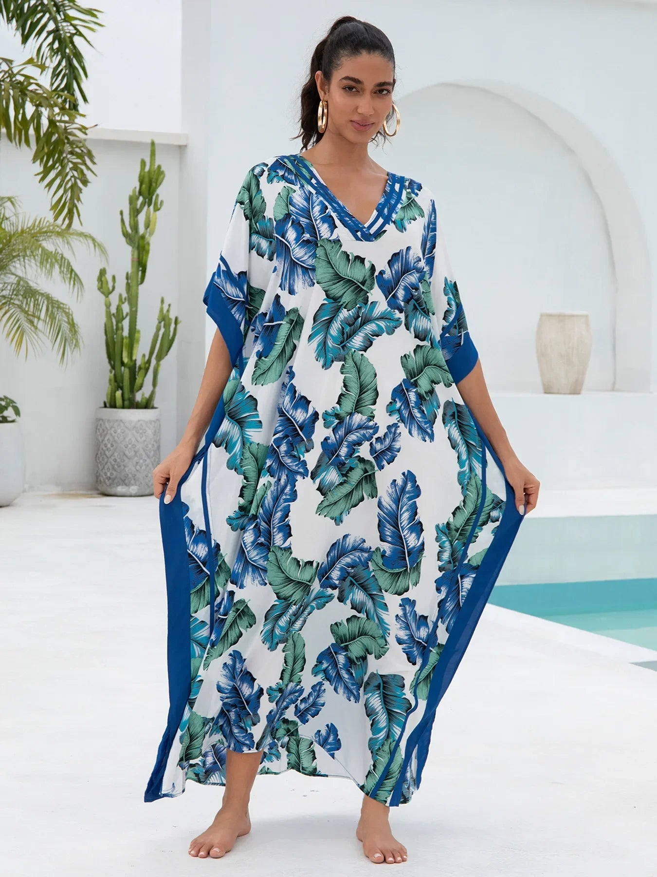 Blue Leaf Print Women Loose Fitting Long Robe Beach Vacation V-neck Sunscreen Clothing