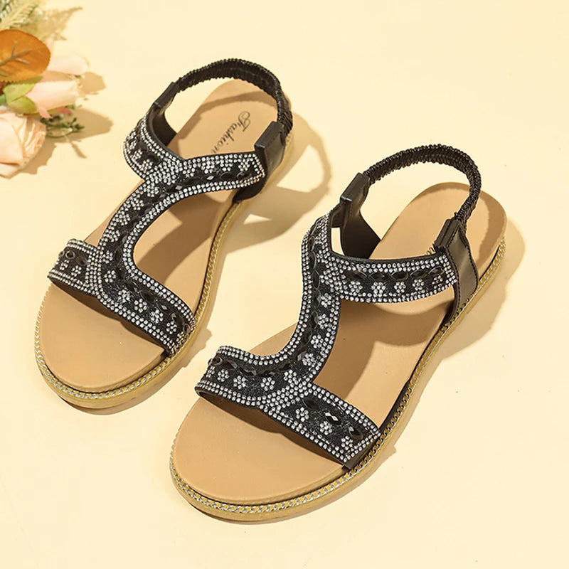 Shiny Crystal Rome Sandals Women Summer  T-Strap Non-Slip Comfort Flat Heels Non-Slip Beach Shoes Sandals