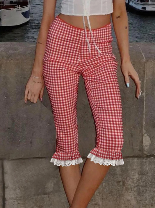 Women s Checkered Capri Pants with Lace Ruffles and Stretchy Cropped Leggings for Summer Casual Wear